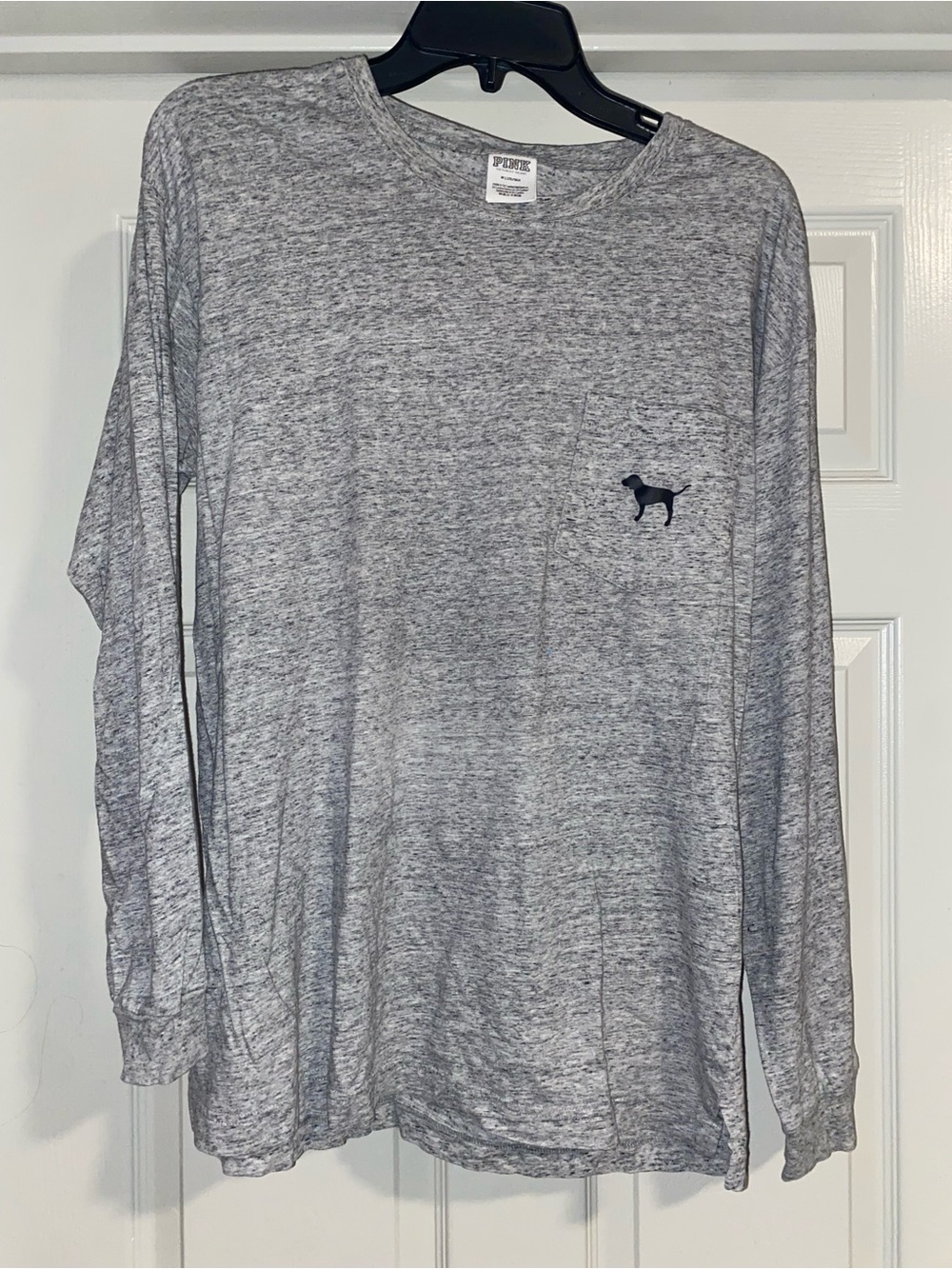 PINK Victoria's Secret Men's Long-Sleeve Heather Gray Pocket Tee with Dog Logo